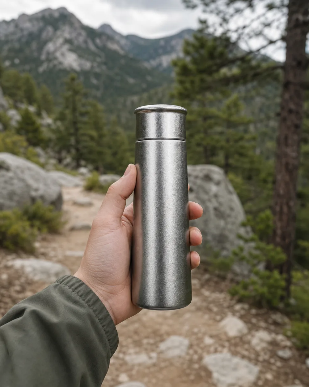 Pure titanium bottle held up on a mountain trail