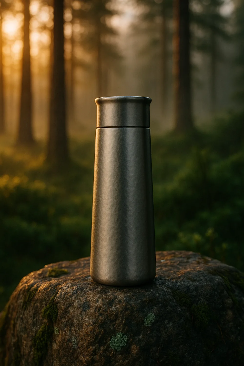 Single-wall titanium cup on a mossy rock at sunset