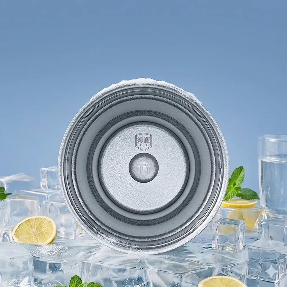 Double-wall titanium tumbler chilled over ice